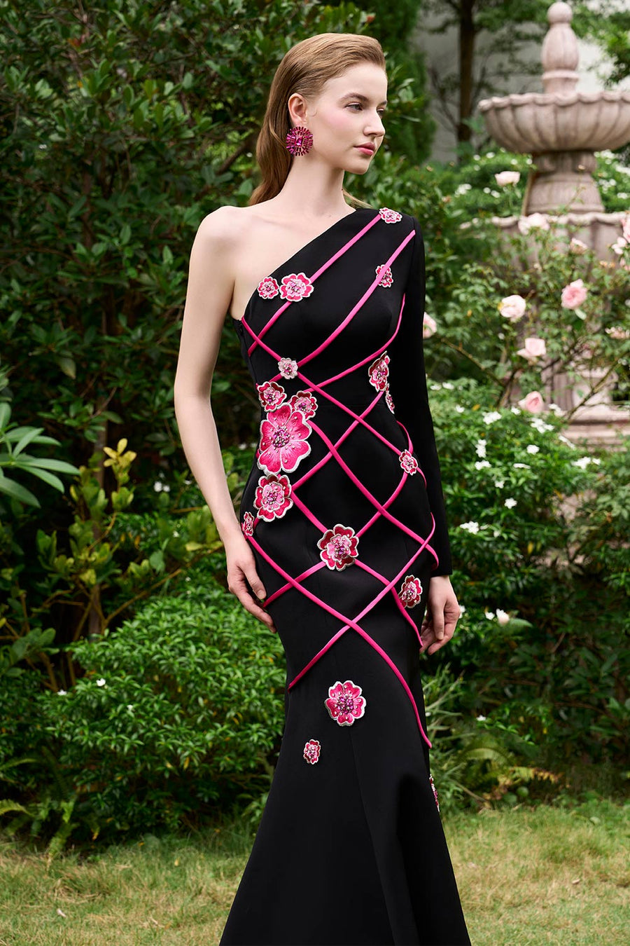 Lyanna Mermaid Asymmetric Sleeved Silk Crepe Floor Length Dress Gown Dress I.H.F Atelier