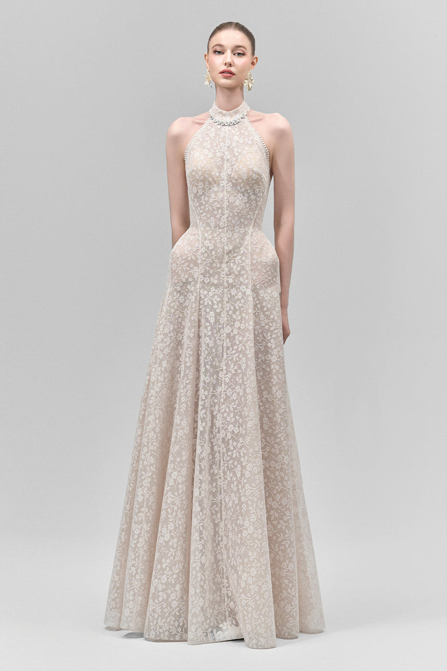 Aurelia A-line Halter Neck Lace Floor Length Dress 5