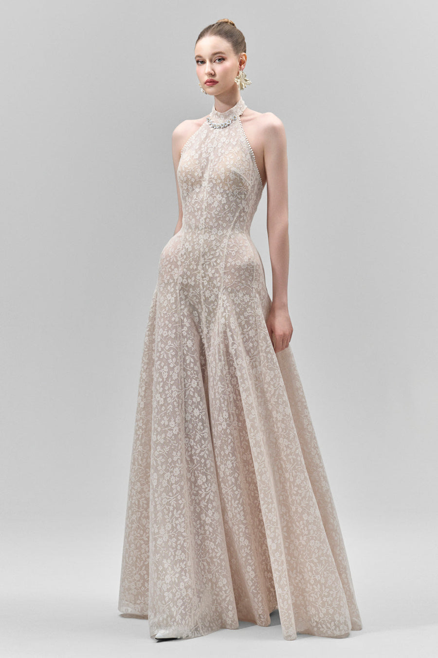 Aurelia A-line Halter Neck Lace Floor Length Dress 2