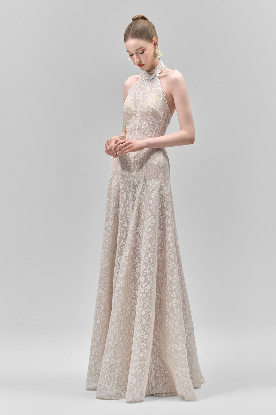 Aurelia A-line Halter Neck Lace Floor Length Dress 6