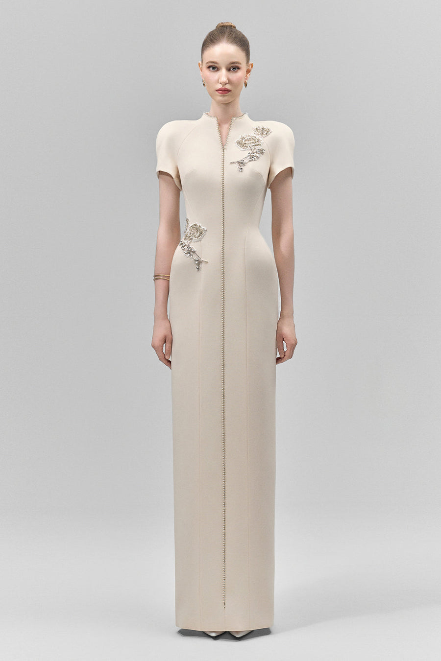 Eirlys Sheath Puffy Sleeved Crepe Floor Length Dress 5