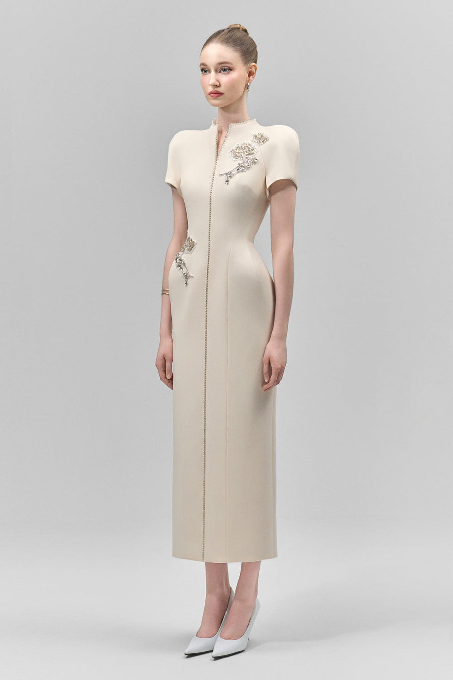Elysia Sheath Mandarin Collar Crepe Calf Length Dress 5