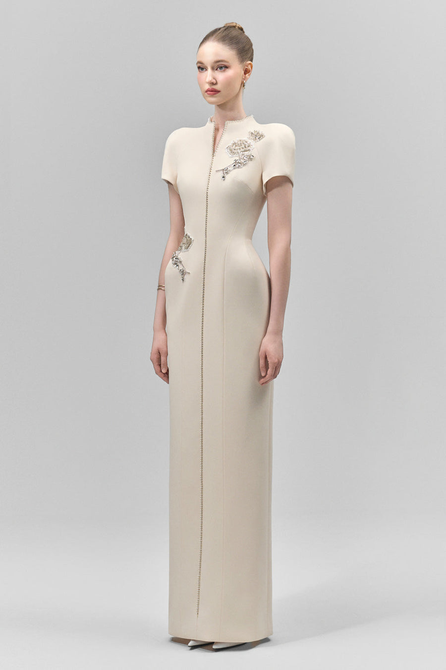 Eirlys Sheath Puffy Sleeved Crepe Floor Length Dress 7