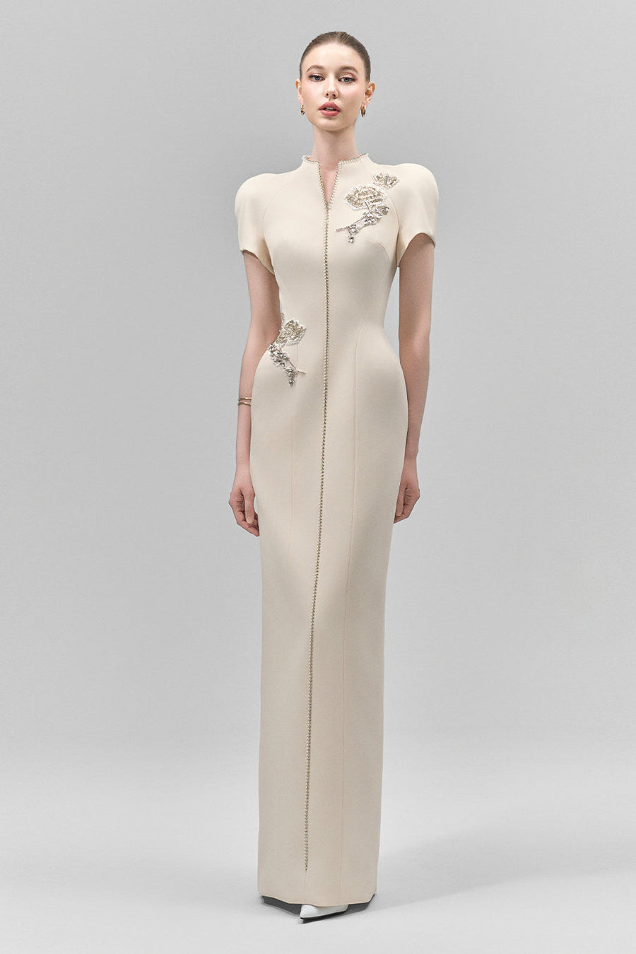 Eirlys Sheath Puffy Sleeved Crepe Floor Length Dress 6