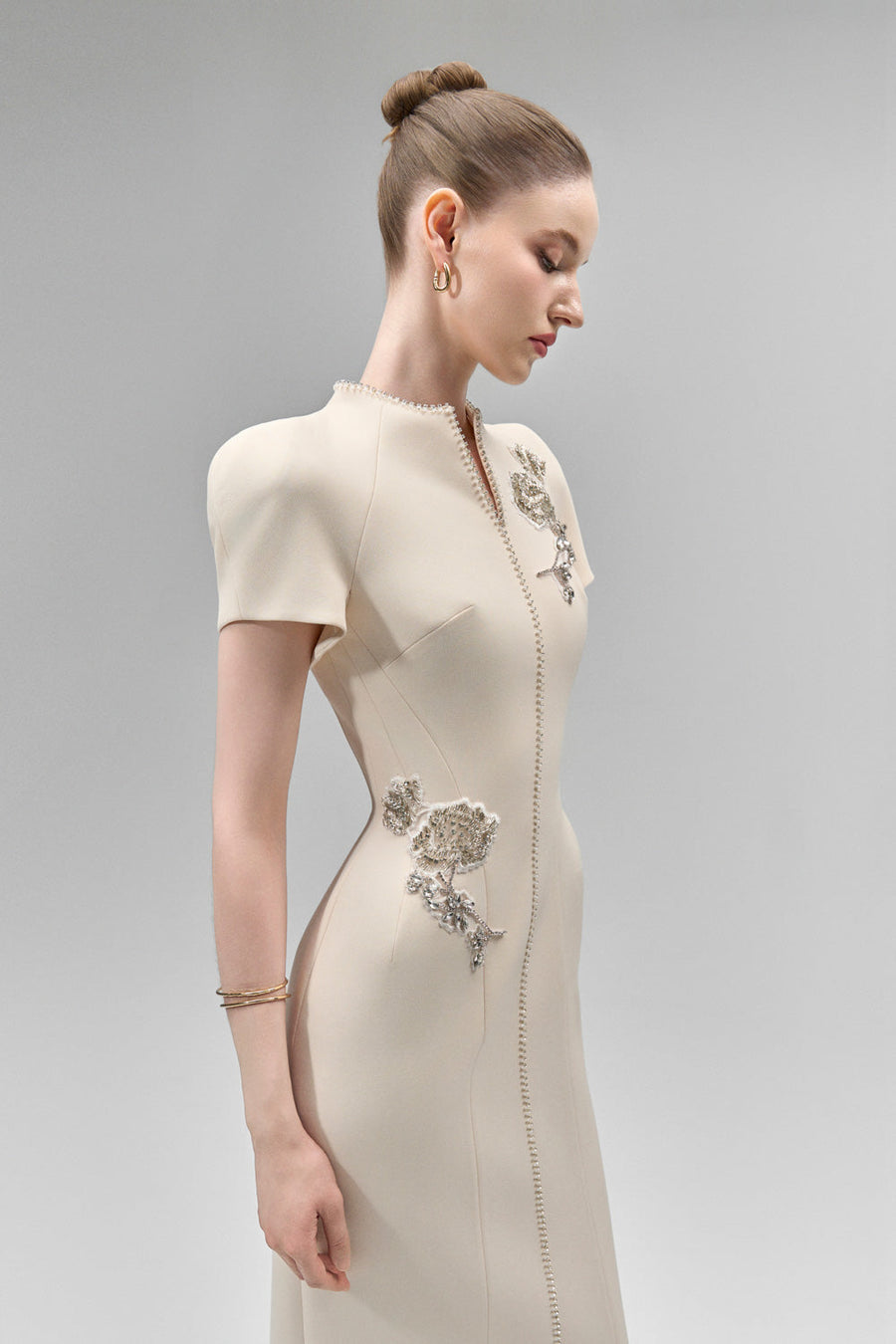 Elysia Sheath Mandarin Collar Crepe Calf Length Dress 3