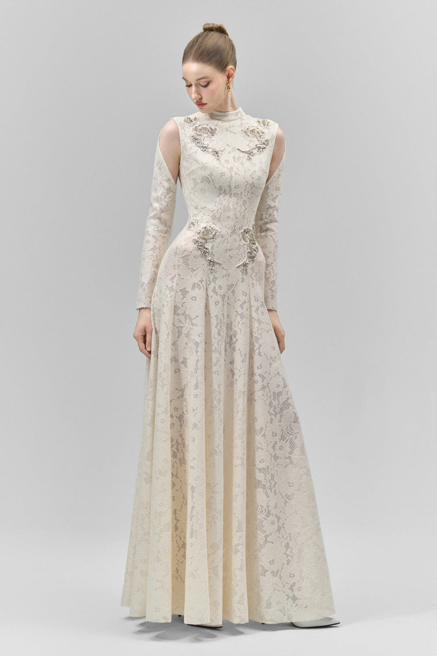 Celestine A-line Cold Shoulder Sleeved Lace Floor Length Dress 8