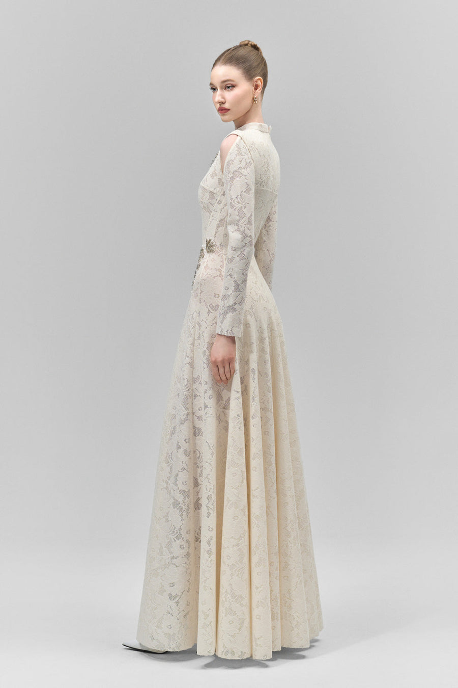 Celestine A-line Cold Shoulder Sleeved Lace Floor Length Dress 7