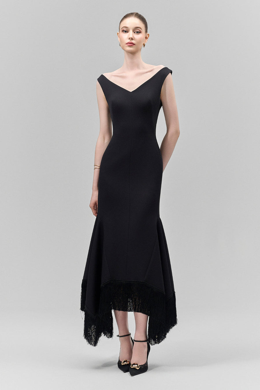 Amarae Mermaid V-Neck Crepe Calf Length Dress 2