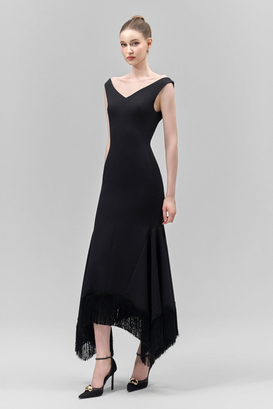 Amarae Mermaid V-Neck Crepe Calf Length Dress 3