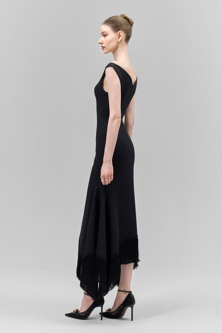 Amarae Mermaid V-Neck Crepe Calf Length Dress 5