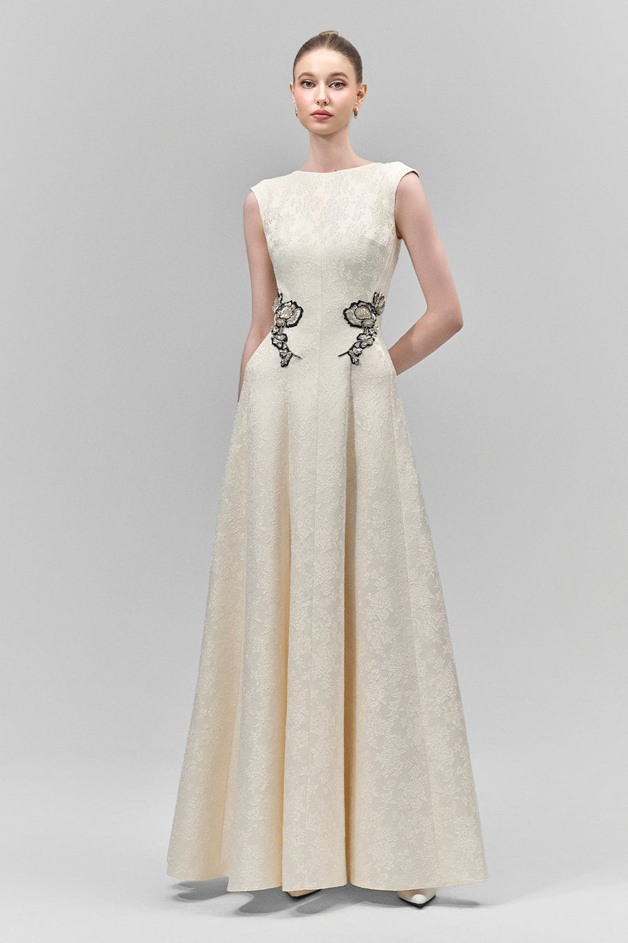 Velithia A-line Boat Neck Lace Floor Length Dress 6