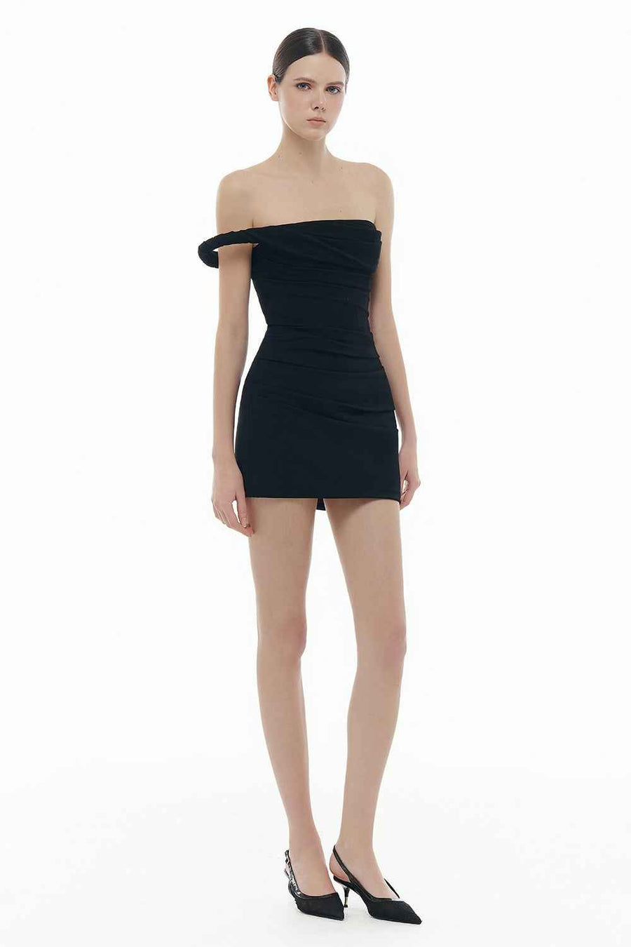 Madeleine Straight Across Neck Draped Mini Dress