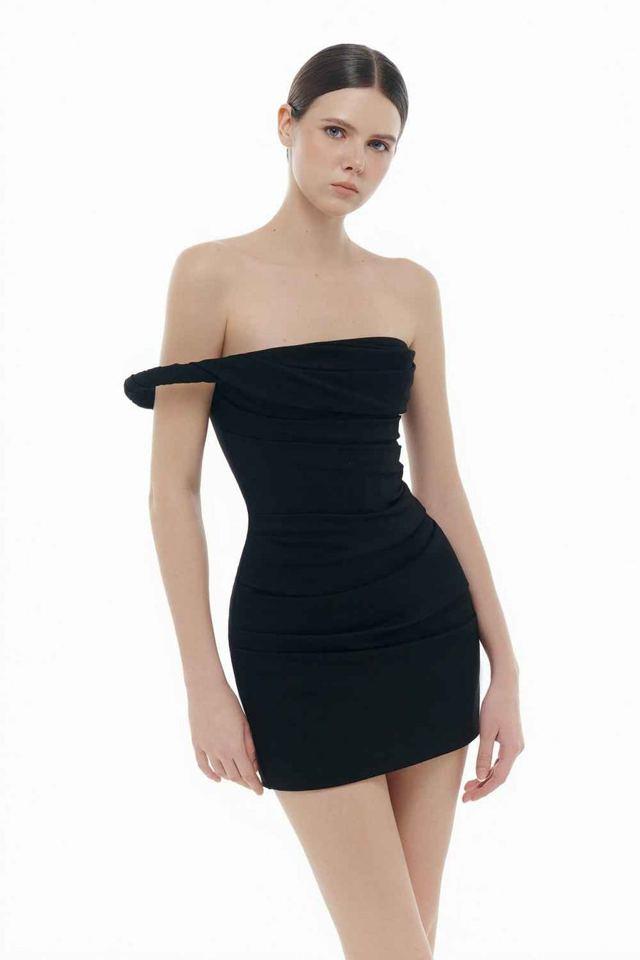 Madeleine Straight Across Neck Draped Mini Dress