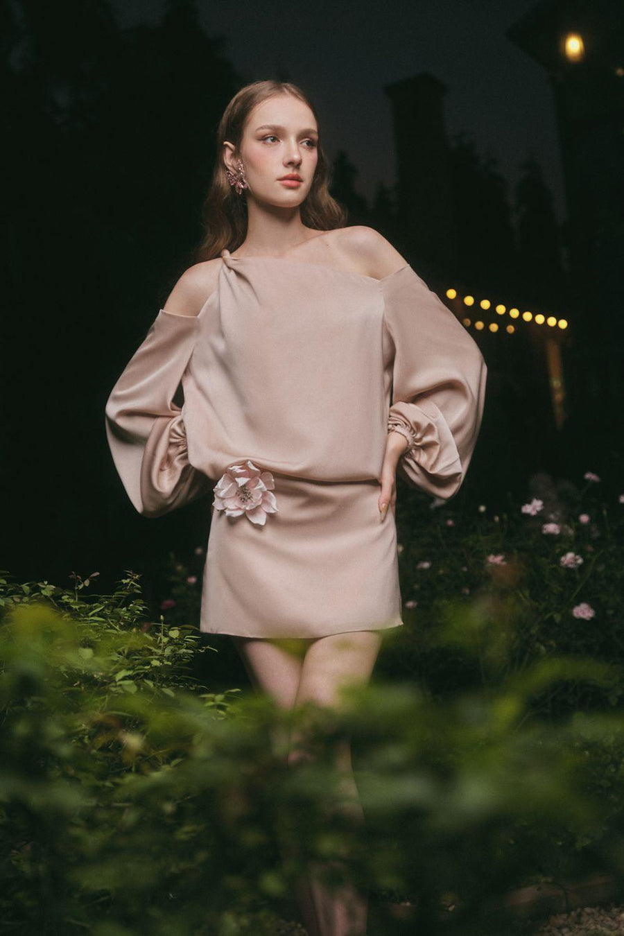 Magnolia A-line Cold Shoulder Sleeved Silk Mini Dress Nude Mini Dress LINH PHUNG