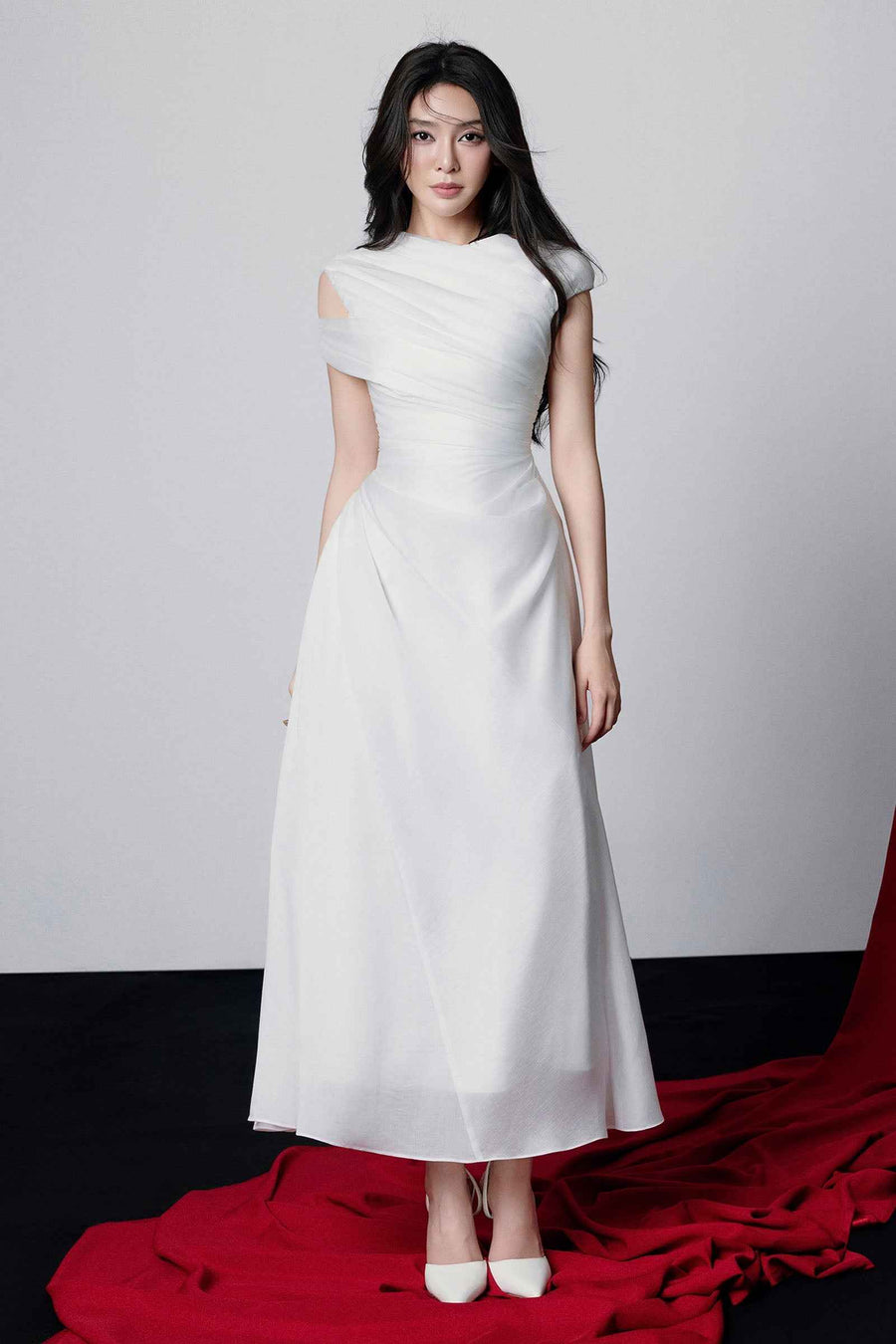 Maia Asymmetric Sleeve Draped Midi Dress
