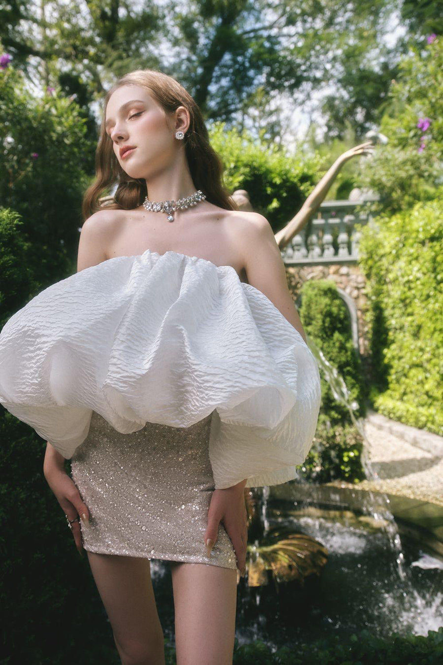 Marilyn Strapless Straight Across Neck Brocade Mini Dress White Nude Mini Dress LINH PHUNG