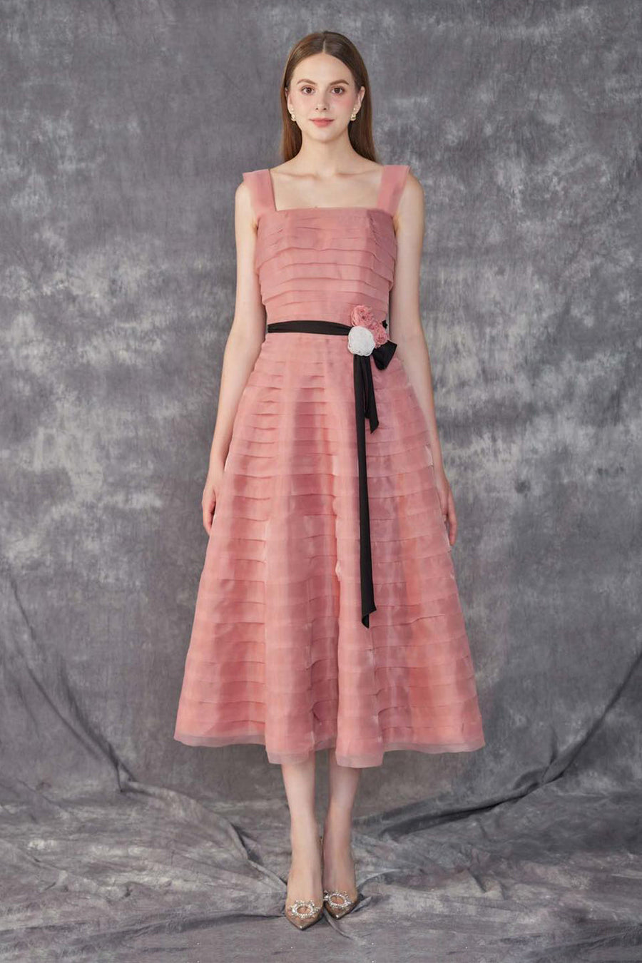 Merida A-line Square Neck Organza Cotton Midi Dress Midi Dress CHYMEOCHY