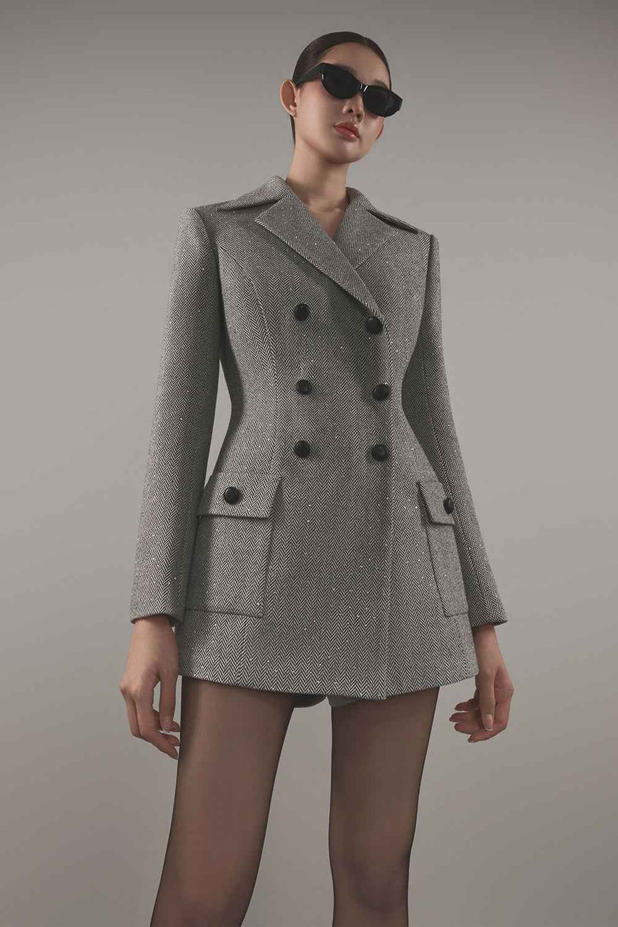 Grey Herringbone Double-Breasted Blazer