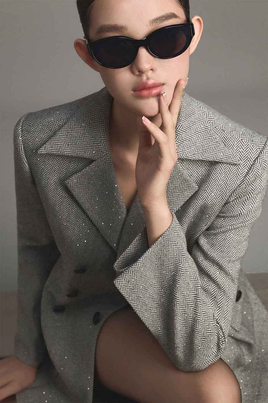 Grey Herringbone Double-Breasted Blazer