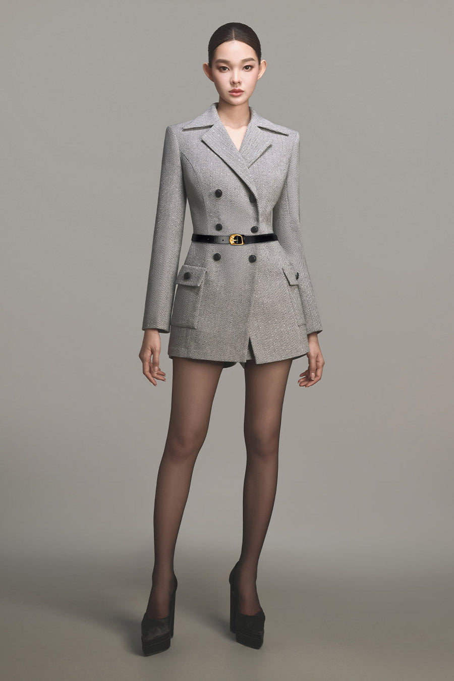 Grey Herringbone Double-Breasted Blazer 14
