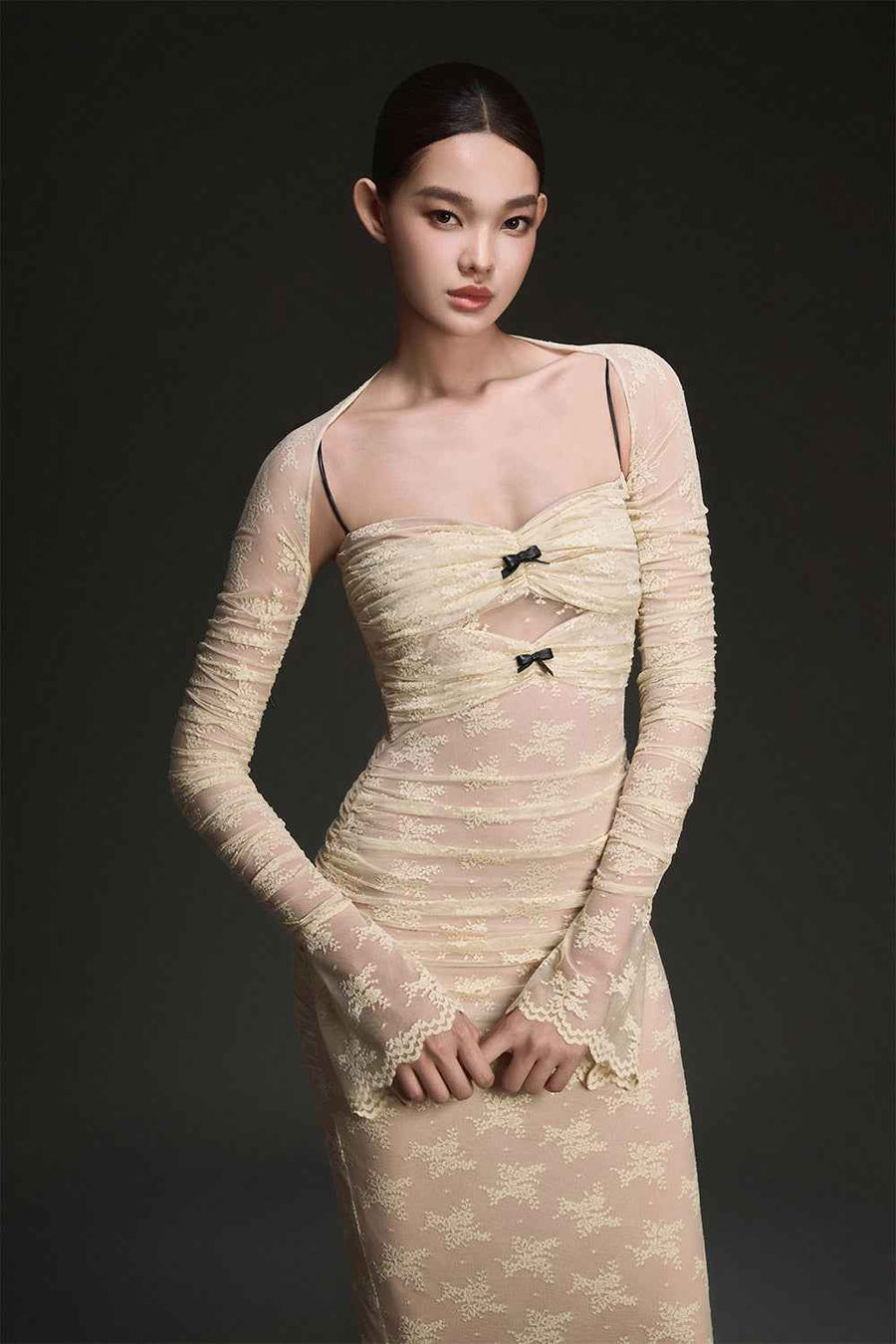 Ivory Bow Cut Out Laces Dress
