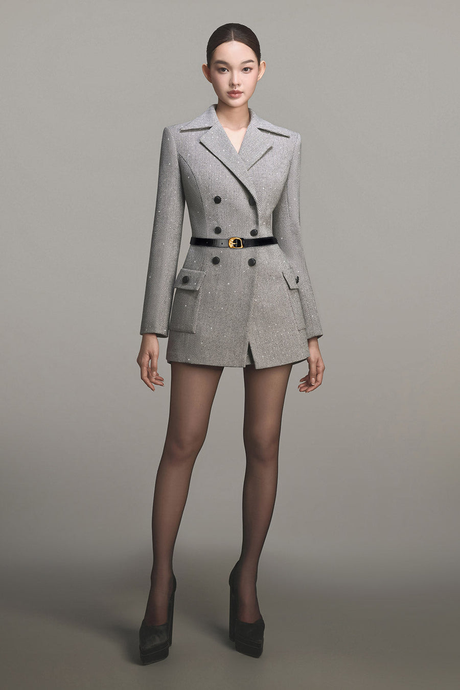 Grey Herringbone Double-Breasted Blazer 12