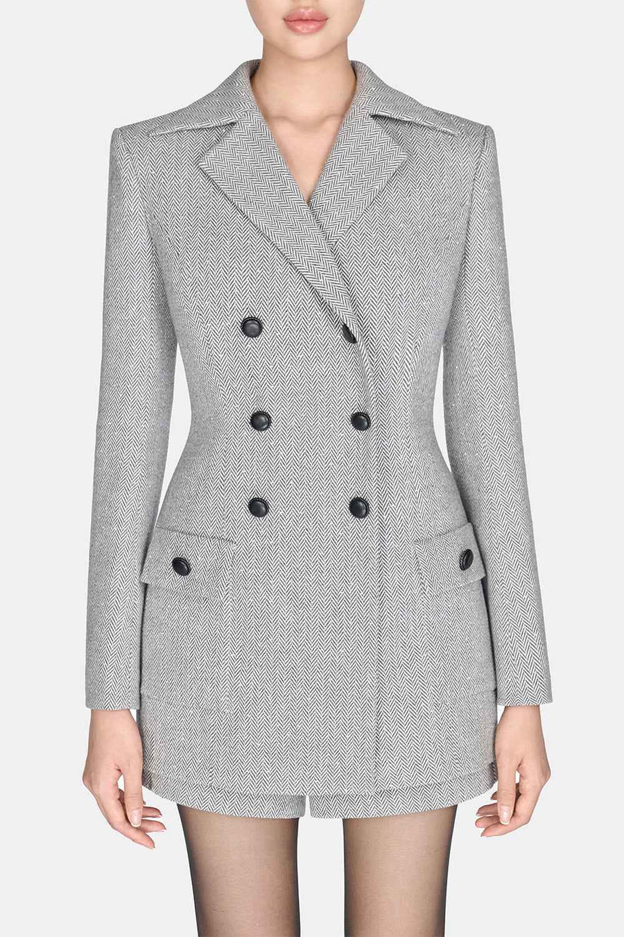 Grey Herringbone Double-Breasted Blazer