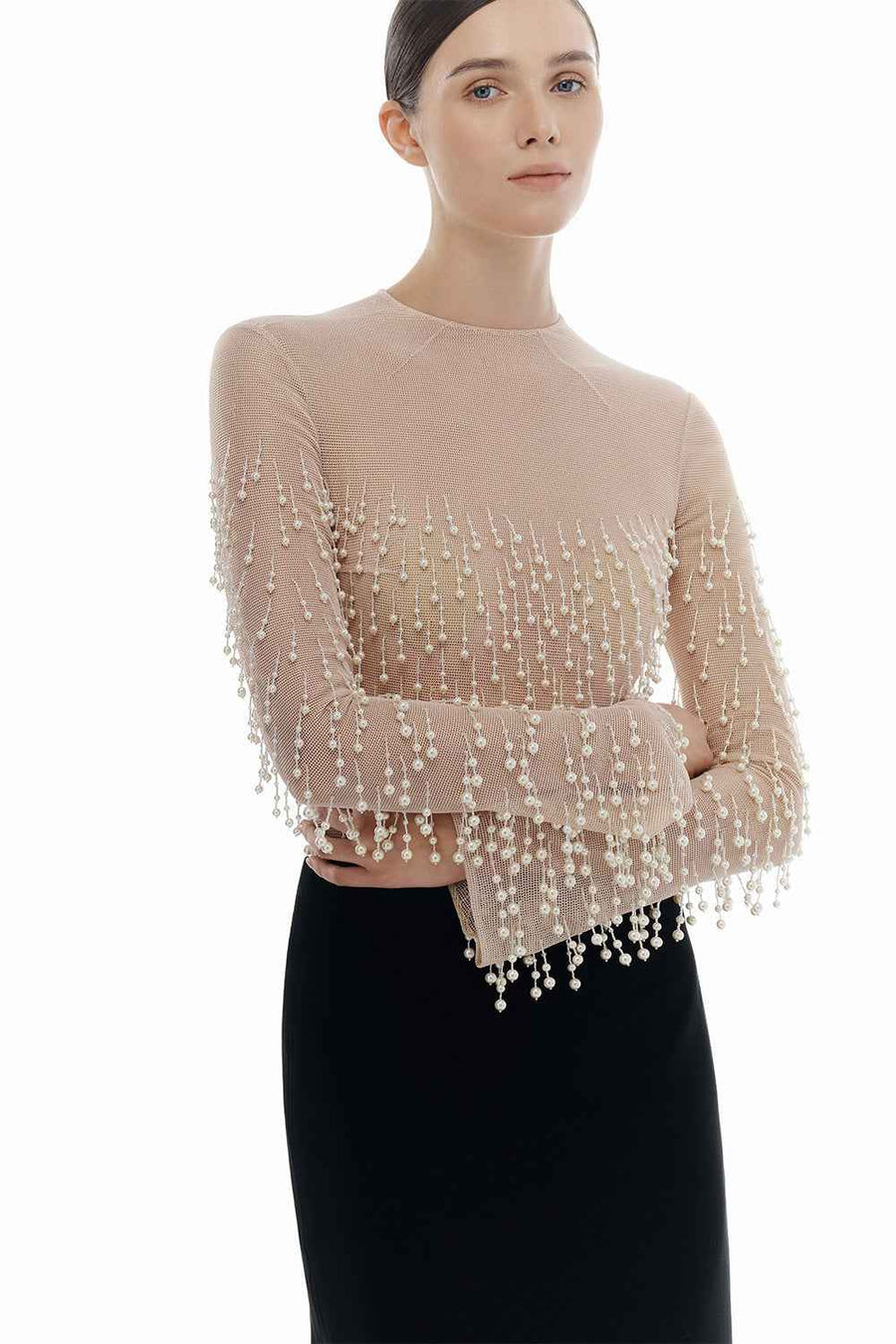 Beige Faux Pearl Longsleeve Top