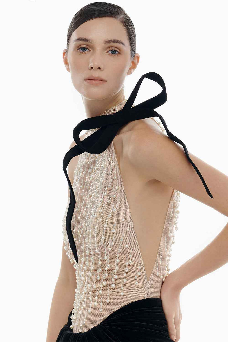 Beige Faux Pearl Sleeveless Top