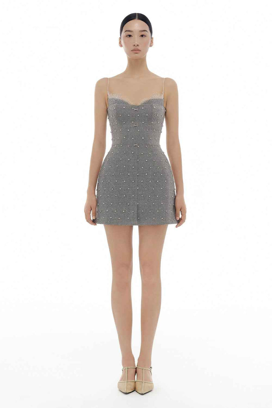 Grey Harringbone Crystal Beaded Dress