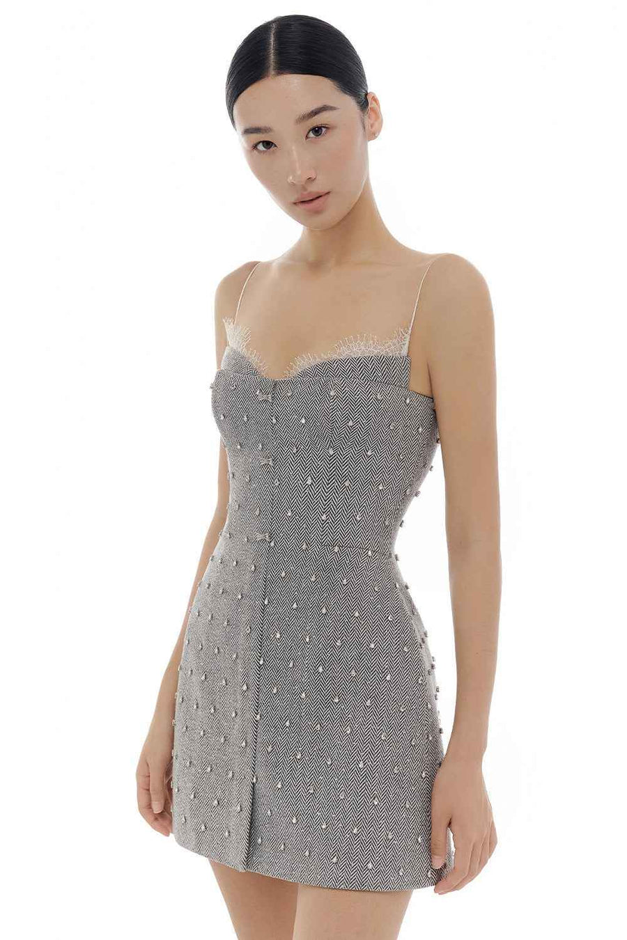 Grey Harringbone Crystal Beaded Dress