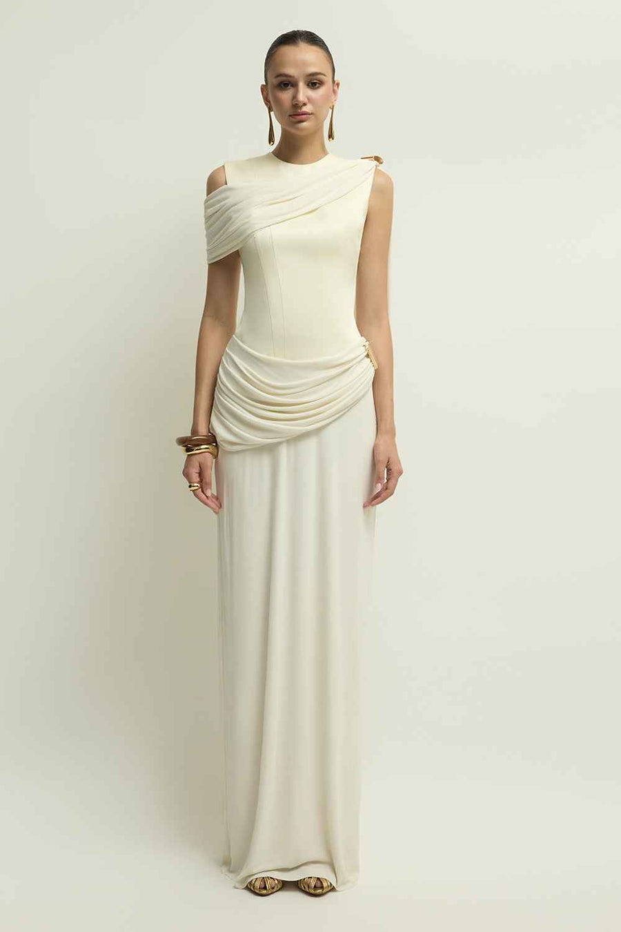 Nimes Round Neck Draped Maxi Dress