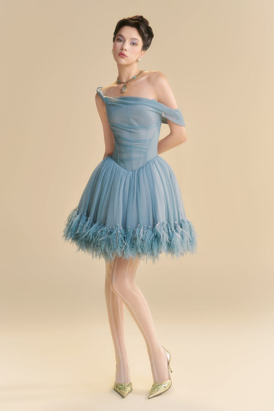Nuvielle Asymmetric Neck Feather Mini Dress 4
