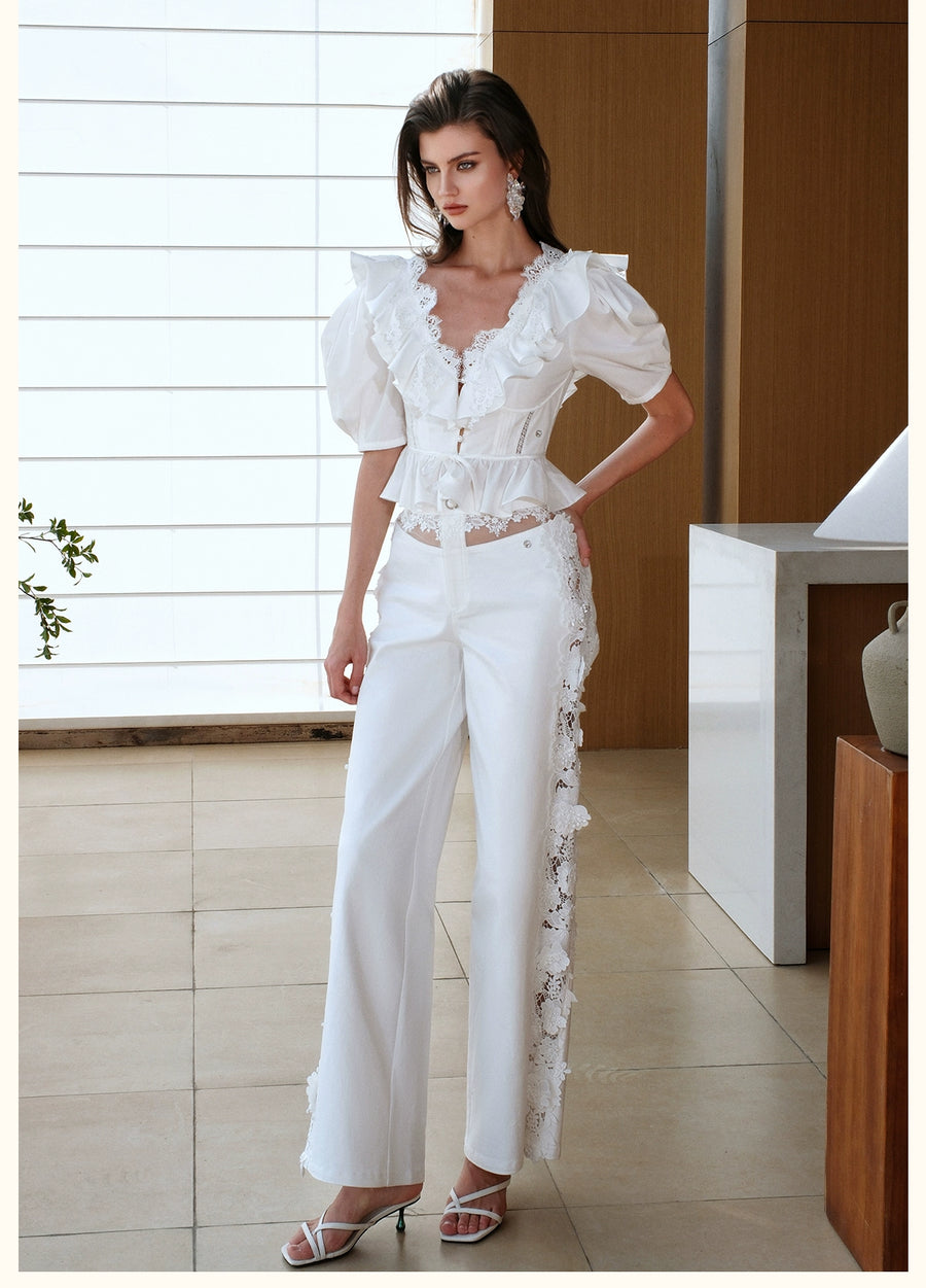 RESSALINA Diane Deep V neck Back Strap Ruffle Short Top Lace Splicing Bubble Sleeves T shirt tops RESSALINA