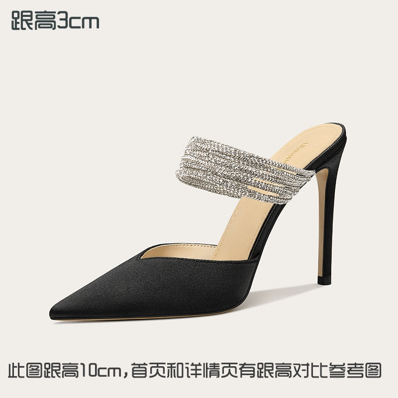 Lily Wei2025 new sandals beautiful rhinestone temperament high heel slippers small size women's summer wear Black [Heel height 3cm] Shoes RESSALINA