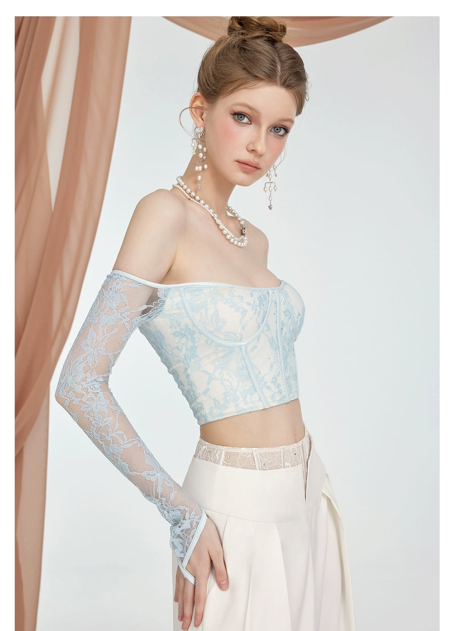 RESSALINA Camila lace rhinestone fish bone strapless summer waist cinching slimming one shoulder long sleeved top tops RESSALINA