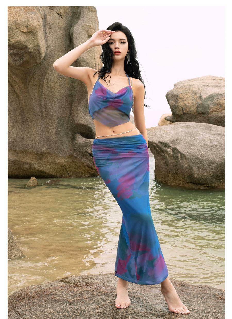 Jiang Yingrong s RESSALINA PB Pomegranate Flower Strap Summer Tank Top Half length Skirt Set Set RESSALINA