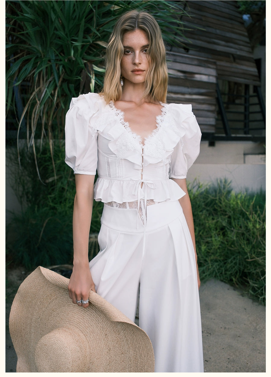 RESSALINA Diane Deep V neck Back Strap Ruffle Short Top Lace Splicing Bubble Sleeves T shirt tops RESSALINA