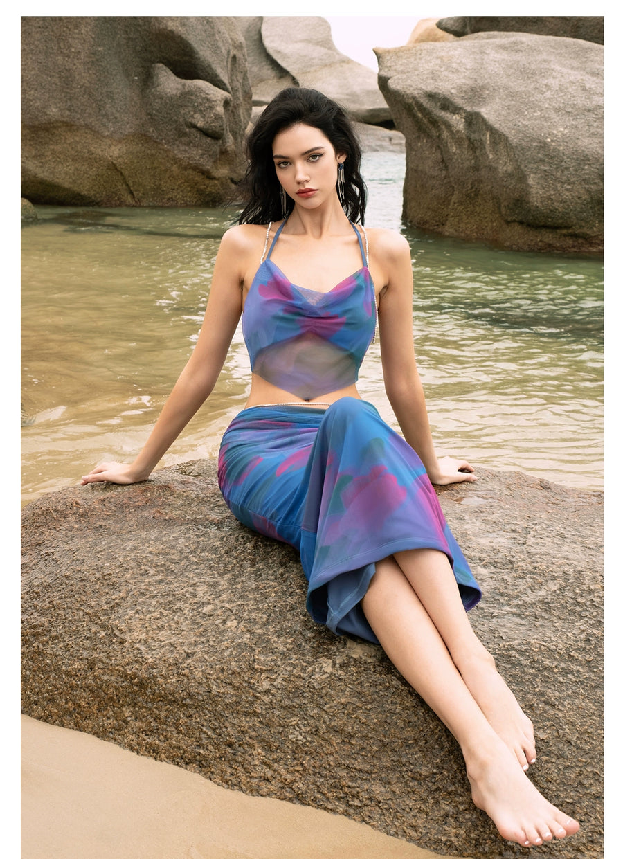 Jiang Yingrong s RESSALINA PB Pomegranate Flower Strap Summer Tank Top Half length Skirt Set Set RESSALINA