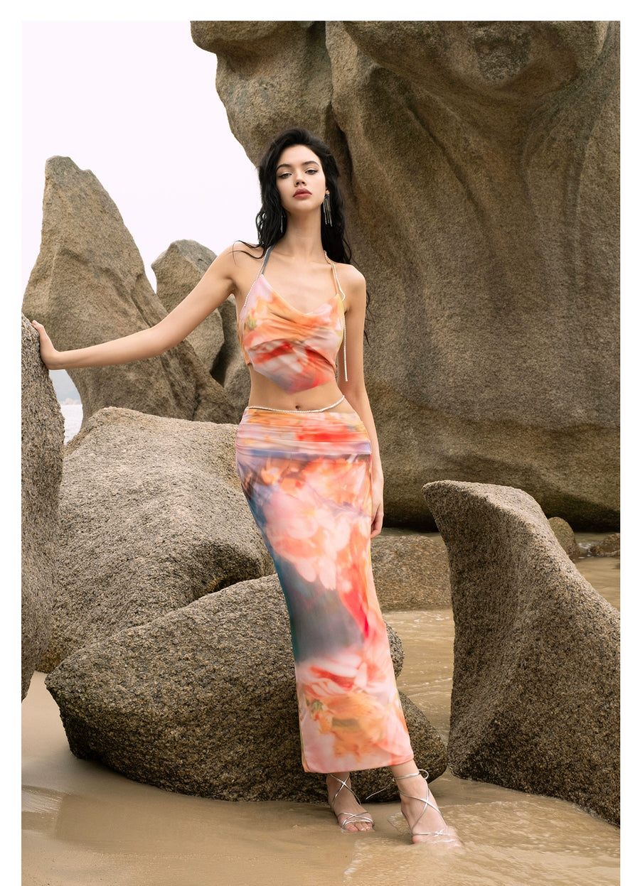 Jiang Yingrong s RESSALINA PB Pomegranate Flower Strap Summer Tank Top Half length Skirt Set Set RESSALINA