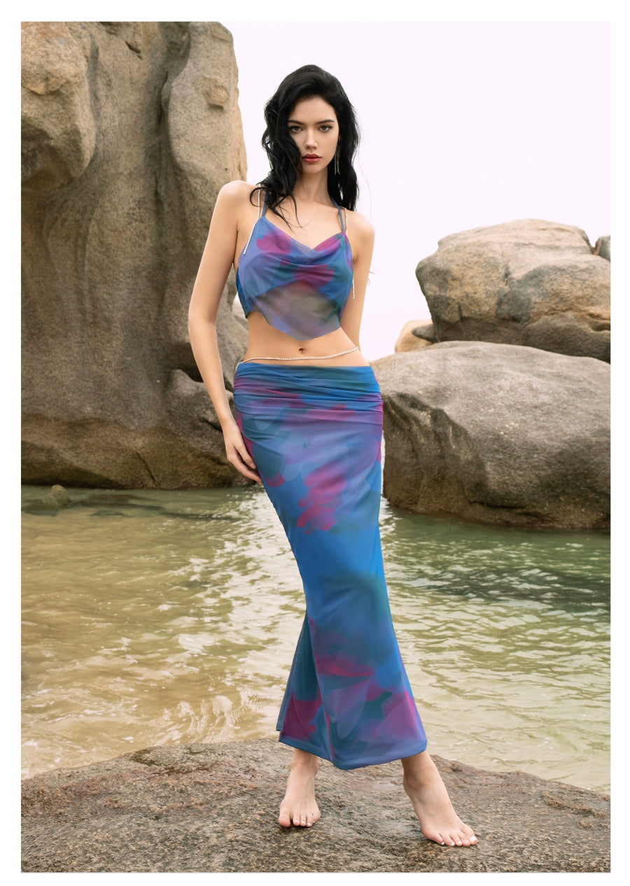 Jiang Yingrong s RESSALINA PB Pomegranate Flower Strap Summer Tank Top Half length Skirt Set Set RESSALINA
