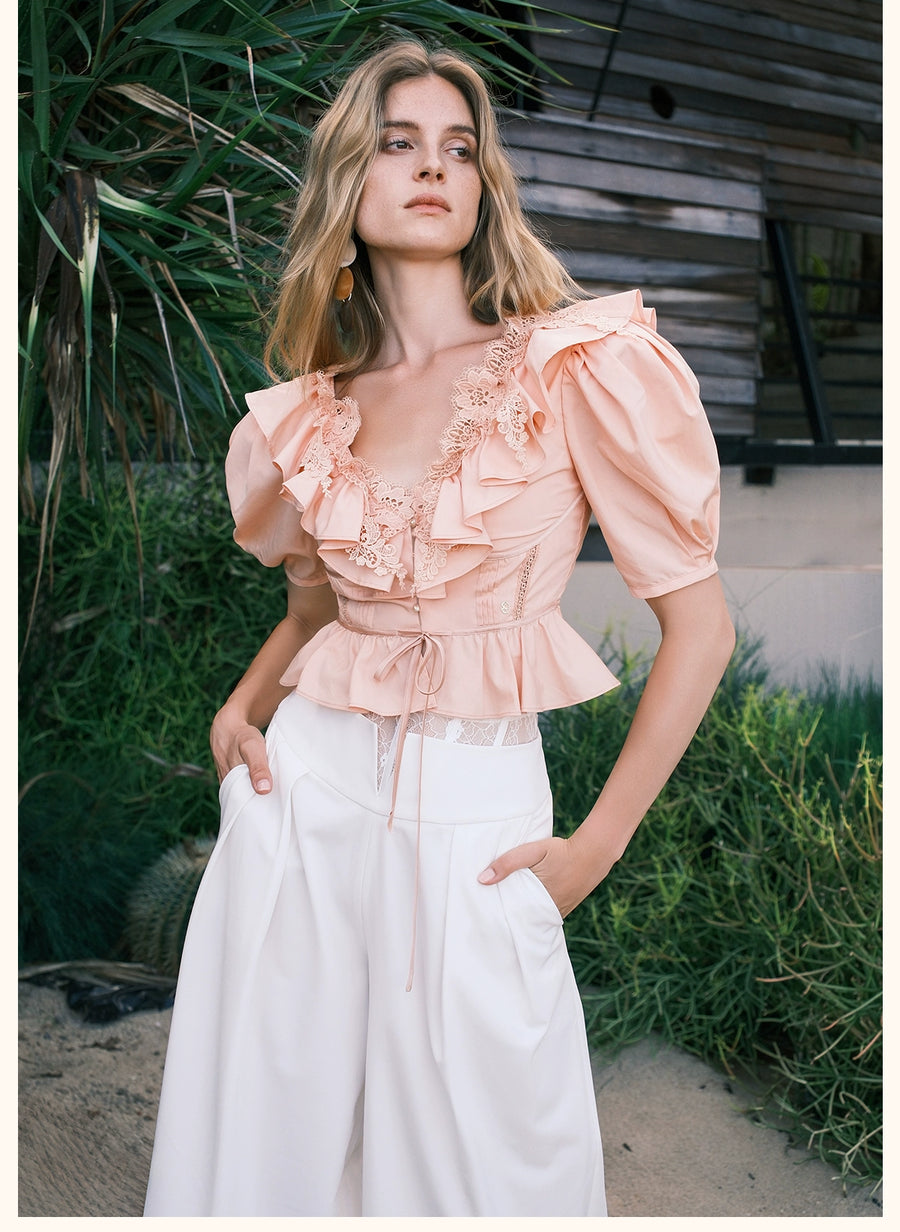 RESSALINA Diane Deep V neck Back Strap Ruffle Short Top Lace Splicing Bubble Sleeves T shirt tops RESSALINA