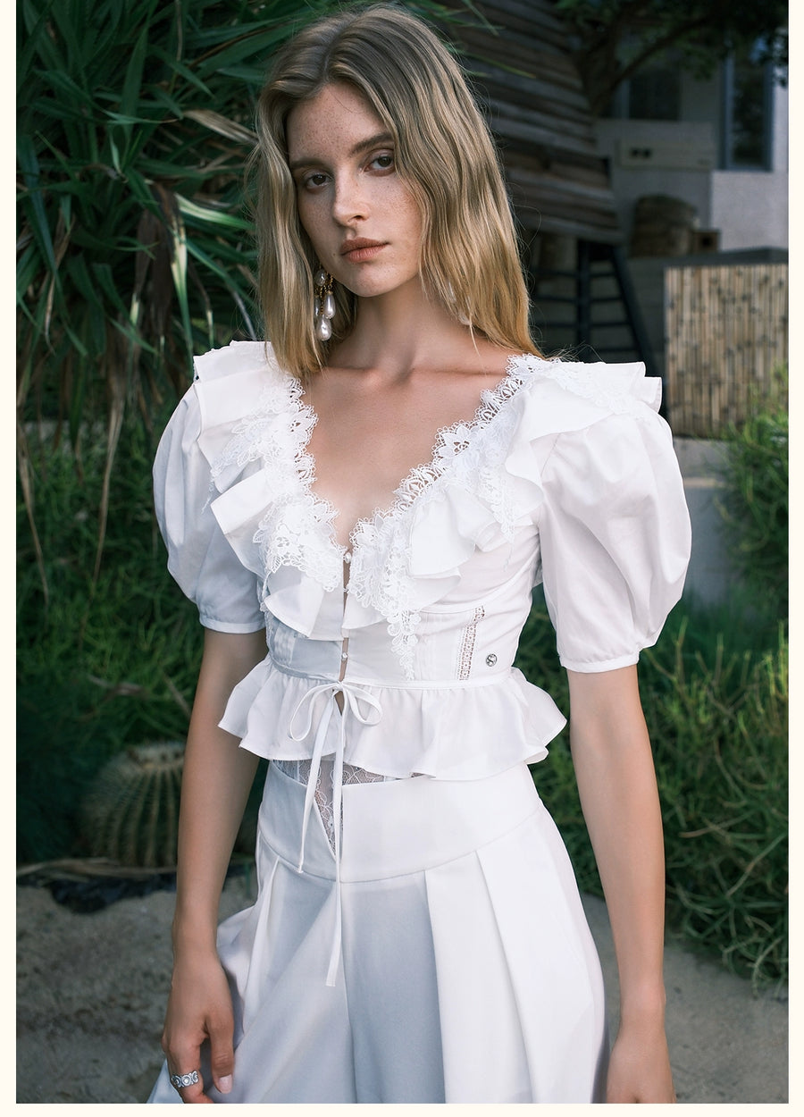 RESSALINA Diane Deep V neck Back Strap Ruffle Short Top Lace Splicing Bubble Sleeves T shirt tops RESSALINA