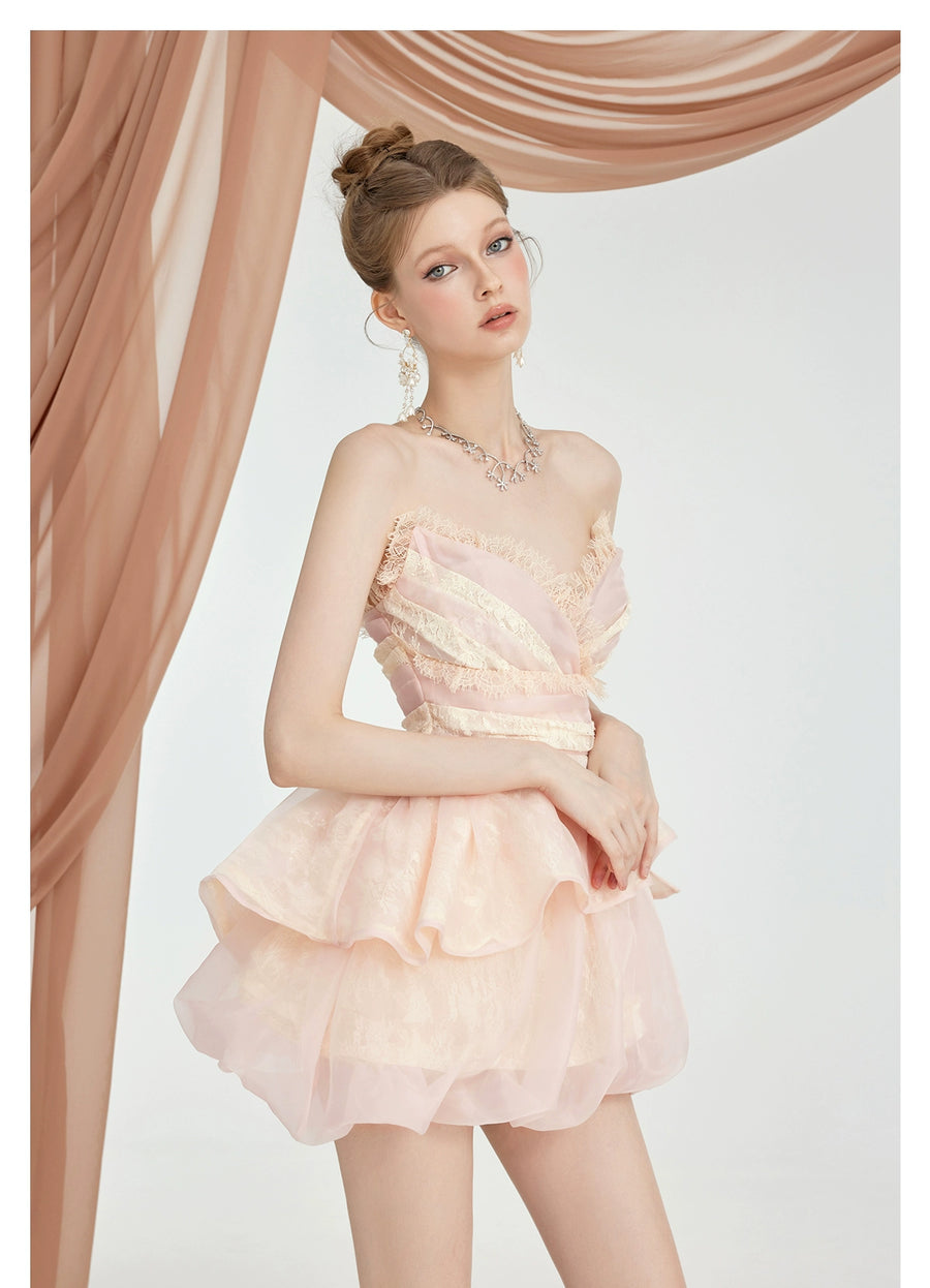 Berry irregular design fluffy skirt V neck short strapless two piece set summer new Set RESSALINA
