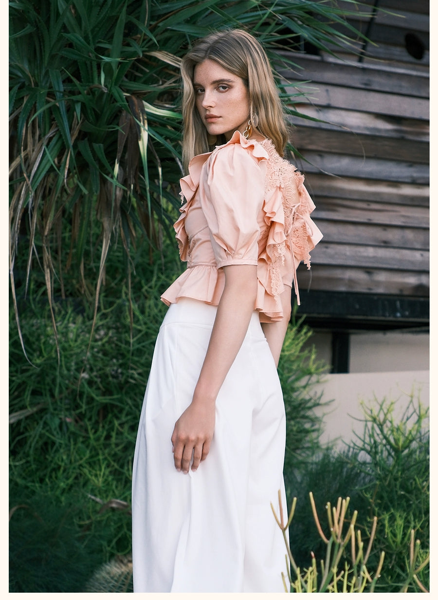 RESSALINA Diane Deep V neck Back Strap Ruffle Short Top Lace Splicing Bubble Sleeves T shirt tops RESSALINA