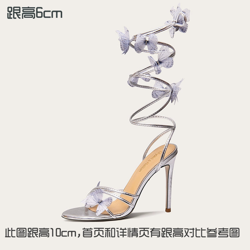 Lily Wei [Zi Yan] Summer new bow high heels sexy strap sandals large size women 41-43 Silver [Heel height 6cm] RESSALINA