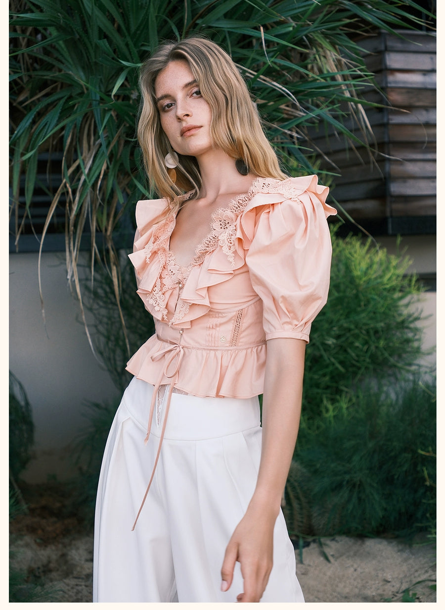 RESSALINA Diane Deep V neck Back Strap Ruffle Short Top Lace Splicing Bubble Sleeves T shirt tops RESSALINA
