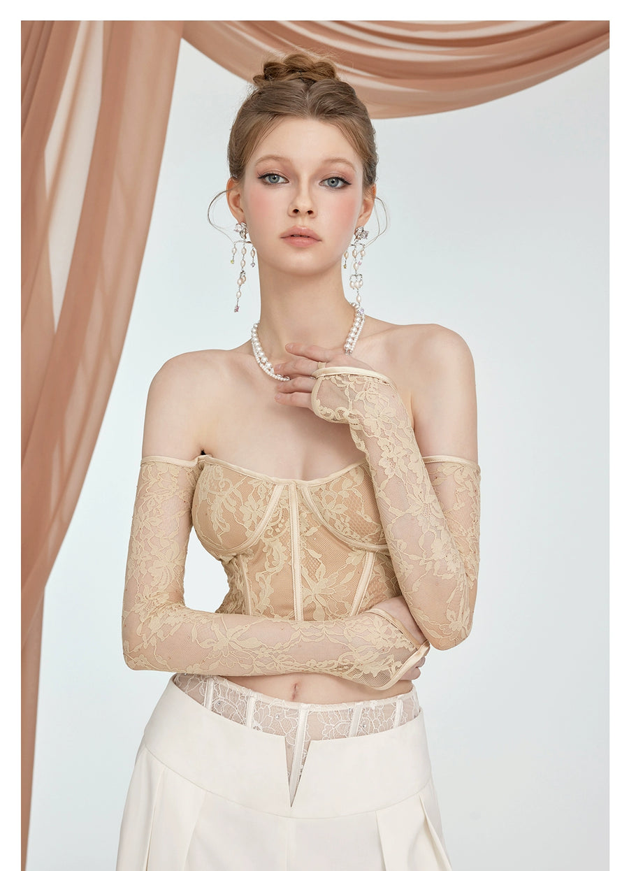 RESSALINA Camila lace rhinestone fish bone strapless summer waist cinching slimming one shoulder long sleeved top tops RESSALINA