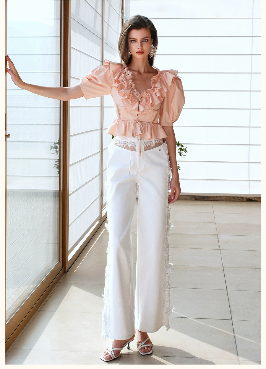RESSALINA Diane Deep V neck Back Strap Ruffle Short Top Lace Splicing Bubble Sleeves T shirt tops RESSALINA