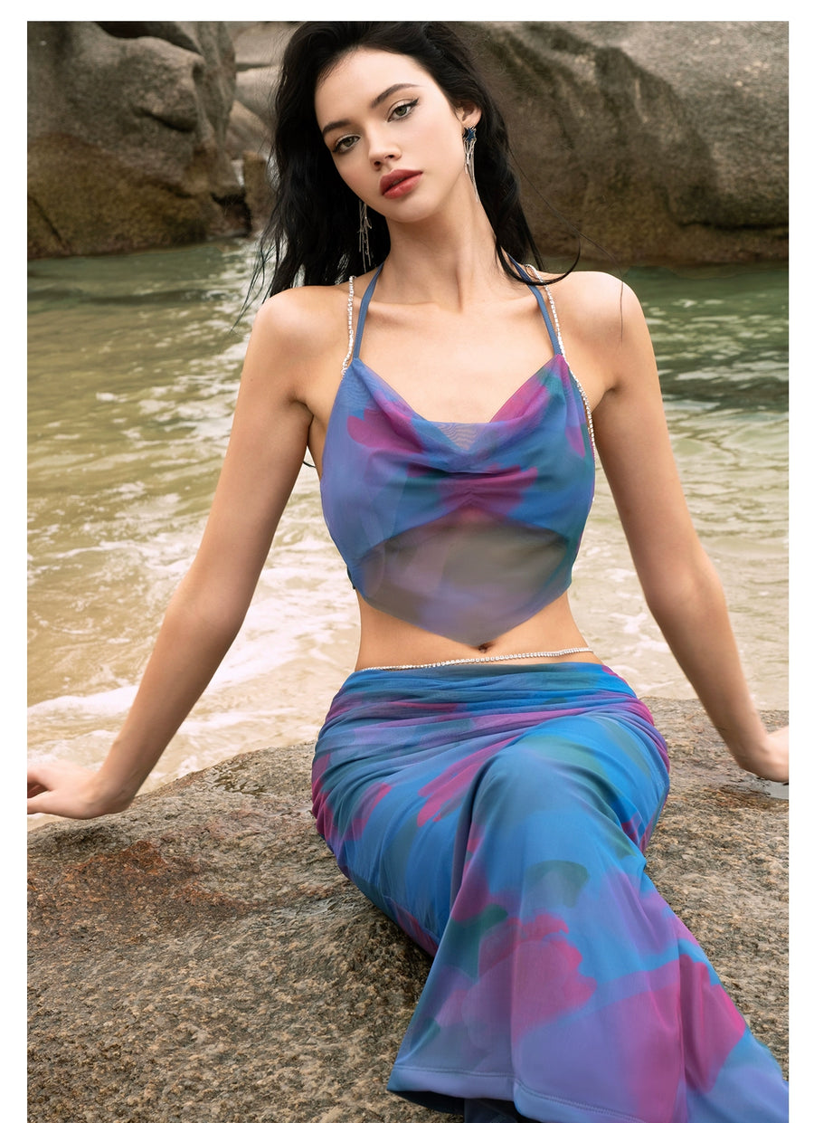 Jiang Yingrong s RESSALINA PB Pomegranate Flower Strap Summer Tank Top Half length Skirt Set Set RESSALINA